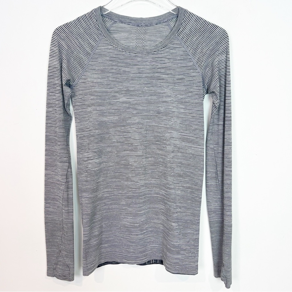 LULULEMON SWIFTLY SPEED GRAY STRIPE LONG SLEEVE ATHLETIC SHIRT WOMENS SZ 4 - Picture 3 of 5